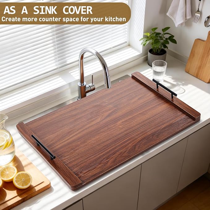Noodle Board Stove Cover with Handles, Wood Stove Top Covers for Electric Stove and Gas Burners, Wooden Decorative Serving Tray Kitchen Sink Cover for Counter Space (Walnut)