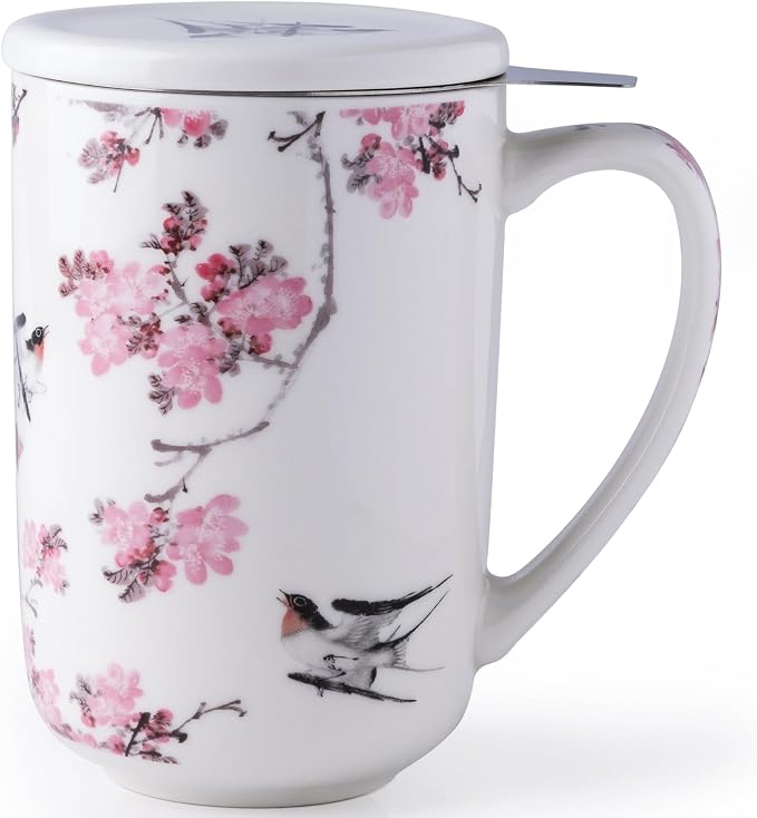 AmorArc Tea Cup With Infuser and Lid, 18oz Loose Leaf Tea Mug With Steeper | Porcelain Tea Mug With Infuser and Lid, Large Strainer Tea Cup with Lid for Tea, Coffee Mug for House-warming Birthday Gift