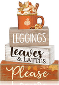 Lineshading 4 Pcs Fall Wood Block Signs Farmhouse Tiered Tray Decor Lattes | Rustic Tabletop Home Styling, Stacked Design with Pumpkin Cup Topper, Autumn Leaves Theme for Seasonal Gifting Display