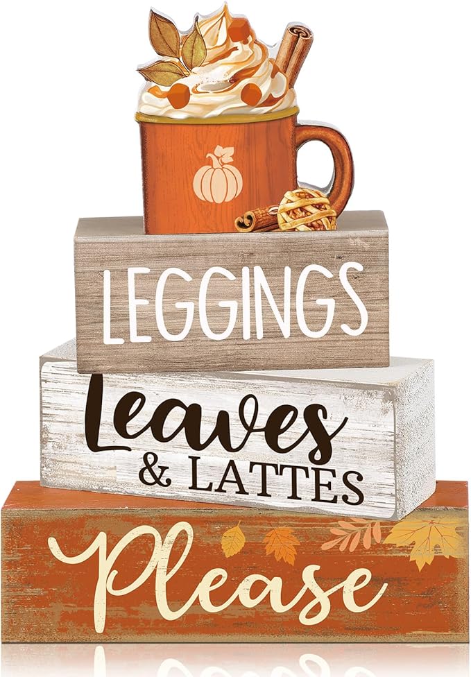 Lineshading 4 Pcs Fall Wood Block Signs Farmhouse Tiered Tray Decor Lattes | Rustic Tabletop Home Styling, Stacked Design with Pumpkin Cup Topper, Autumn Leaves Theme for Seasonal Gifting Display