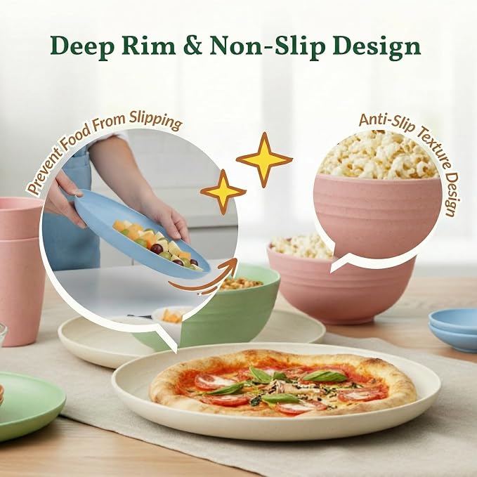 40-Piece Dinnerwave Set Service for 8 Unbreakable Kitchen Plates and Bowls Sets - Dinner Plates, Dessert Plates, Soup Bowls, Cup Set, Soy Sauce Dish Microwave & Dishwasher Safe (Light Multi)