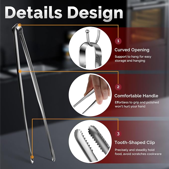 Precise Serrated Non-Slip Tips Cooking Tongs 2 Set (11.5" & 13.5") | Durable 18/8 Stainless Steel Metal Tweezers Tongs, Lightweight Easy Control for Frying, Plating, BBQ, Easy to Care & Clean