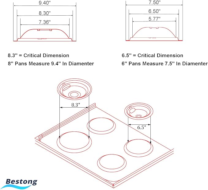 Electric Stove Drip Pans for Whirlpool W10278125, 4-Pack (3x6",1x8") | Includes 3 large 6" and 1 large 8" Chrome drip pans to replace worn burner bowls on compatible Whirlpool ranges