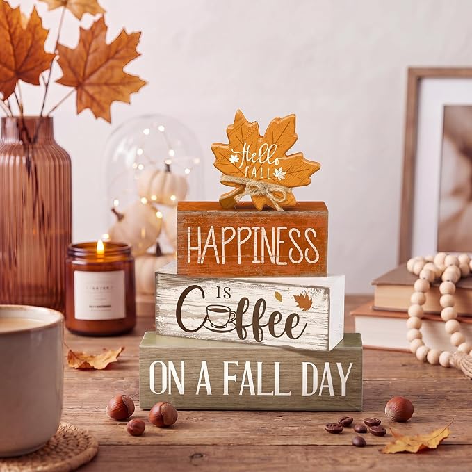 Lineshading 4 Pcs Fall Block Signs, Wooden Farmhouse Tiered Tray Decor | Stackable Rustic Wood Blocks with Maple Leaf Topper, Coffee Happiness Quote, Perfect for Tabletop Mantel Shelf Display