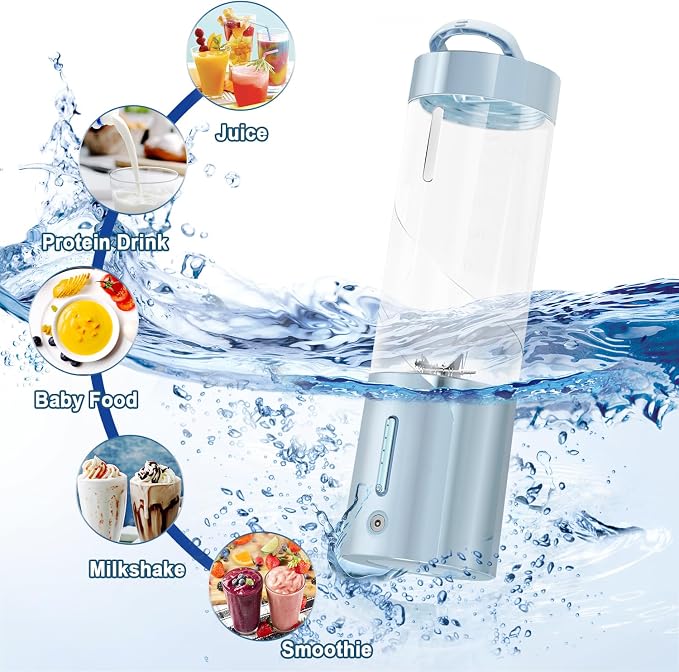 Portable Blender Personal Juicer for Shakes Smoothies with Hidden Handle | 16 Oz Electric Protein Shaker Bottle, USB-C Rechargeable, Mini Small Cordless Blender Cup for Kitchen Travel Gym