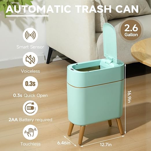Touchless Bathroom Trash Can with Lid, Cute Tall Green Wastebasket | Waterproof,Narrow,Automatic,Convenient and Hygienic Easy to Use，2.6 gallon Small Garbage bin for Bedroom, Office，Living Room