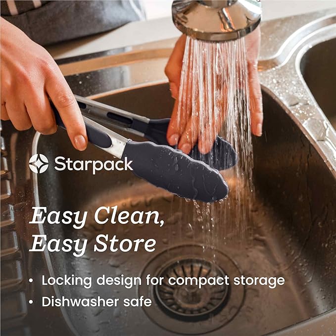 Starpack Get a Grip Silicone Kitchen Tongs (2-Pack, 9" + 12") - LFGB Non Toxic, 600°F Heat Resistant, BPA-Free - Heavy-Duty Stainless Steel, Locking - Dishwasher Safe for Nonstick Cookware Gray Black