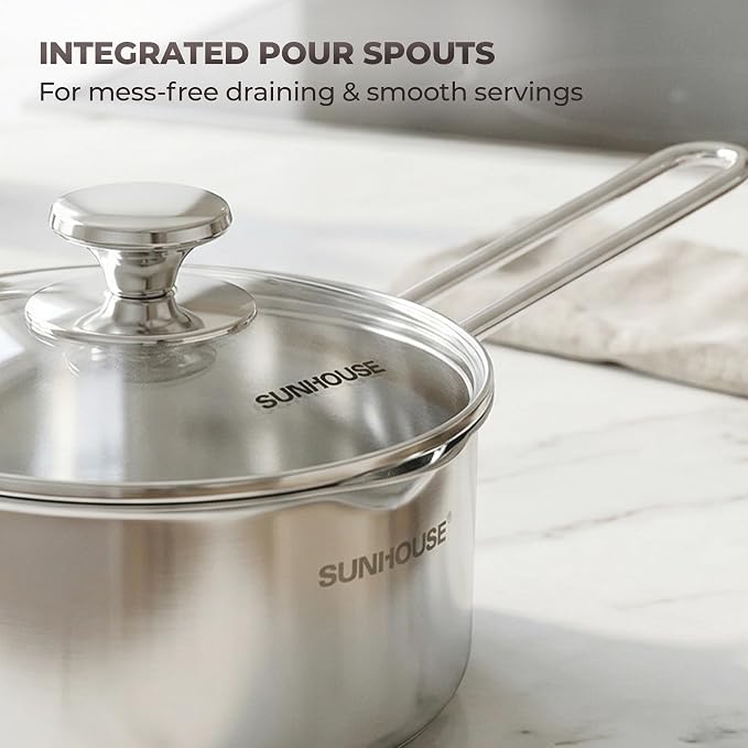 SUNHOUSE 1.5 QT Sauce Pan with Lid & Pour Spouts, Tri-Ply Base | Small 18/10 Stainless Steel Pot & Milk Pan with Cover - Induction Compatible - PFOA Free, Dishwasher Safe
