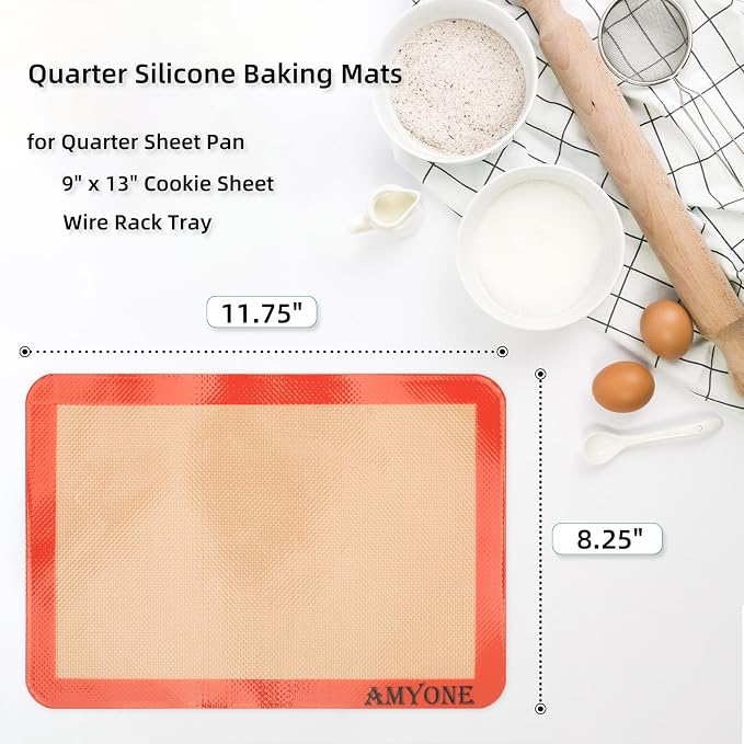AMYONE Quarter Sheet Silicone Baking Mat, 2 Pcs Non-Stick Silicone Baking Mats Cookie Sheet for 9x13 Baking Pan, Reusable Baking Sheet Liners Compatible with Nordic Ware Naturals Quarter Sheet