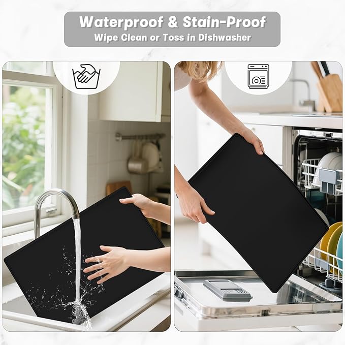 Rnivvi Silicone Coffee Mat, 16" x 24" Waterproof Raised Edge Coffee Bar Mats for Espresso Machine Station Accessories, Heat Resistant Dish Drying Pad for Kitchen Counter, Rubber Bar Decor Pad, Black
