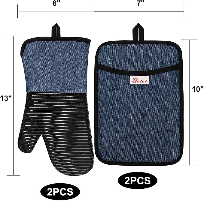Yutat Oven Mitts, Pot Holders Set of 4 Made with Pure Cotton and Food Grade Non-Slip Silicone - 500 F Heat Resistant Oven Mitts and Pot Holders Sets for Kitchen Cooking (4pcs Set, Black and Denim)