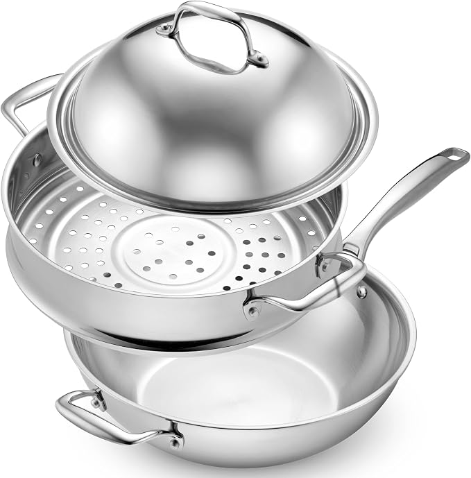 LEGEND COOKWARE 5-Ply Stainless Steel Wok Set, 12-Inch 5-Quart with Lid and Steamer - Induction Compatible, Oven Safe 800°F - Non-Toxic, No Coatings - Even Heating - Built to Last Generations