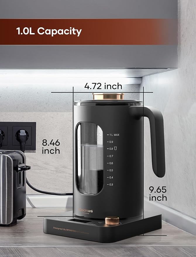 INTASTING Electric Tea Kettle with Infuser, 1℉ Temperature Control, 1 Liter | 1200W Fast Heating, BPA-Free Glass, Easy to Clean, Keep-warm, Auto shut-off, Dark Gray