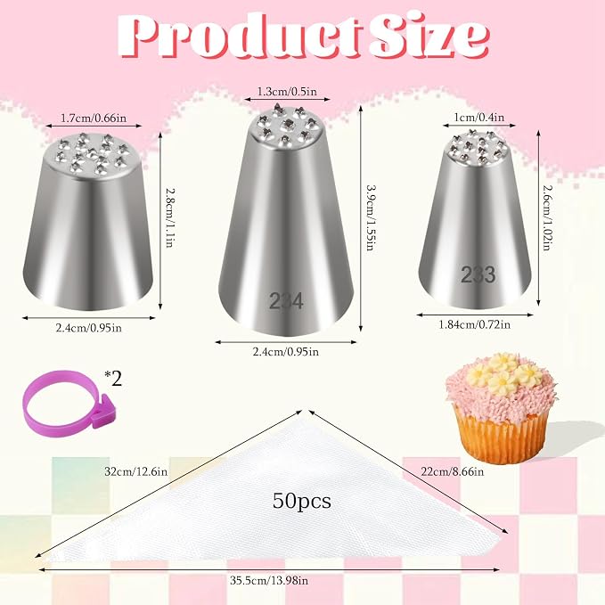 55pcs Grass Piping Nozzles and Bags Set, 2 Pastry Bag Ties, Grass Piping Tip Stainless Steel Icing Tips for Frosting Cupcakes Decoration DIY Baking Supplies