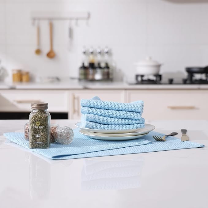 Kitinjoy 100% Cotton Waffle 12-Pack Kitchen Towels, 13" x 28", Sky Blue | Super Soft, Ultra-Absorbent, Fast Drying, lightweight, Quick Drying Kitchen Hand Towels