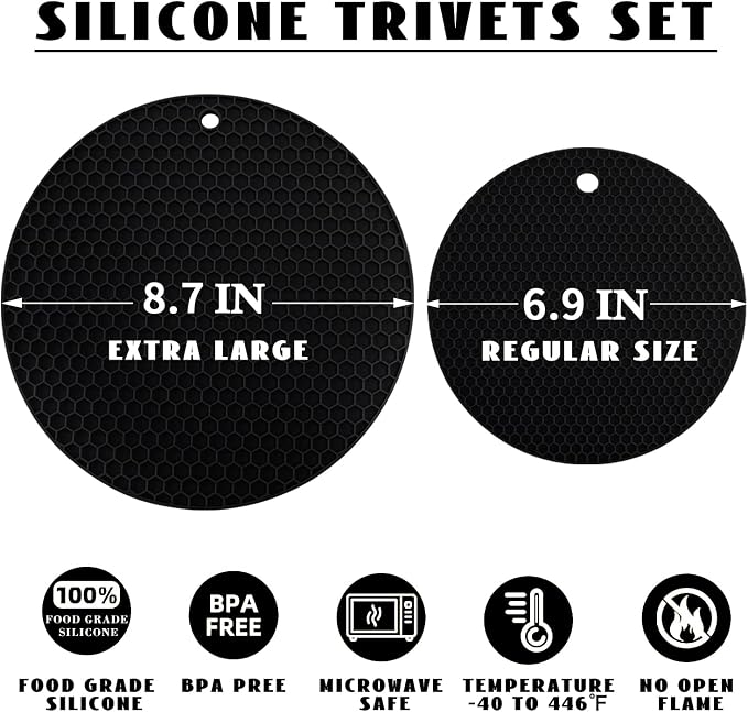 4 Pack Silicone Trivet Mats, 7 Inch & 9 Inch Flexible Heat Resistant Silicone Hot Pads Pot Holders for Kitchen Counter, Round Trivets for Hot Dishes - Potholders Jar Opener(Black)