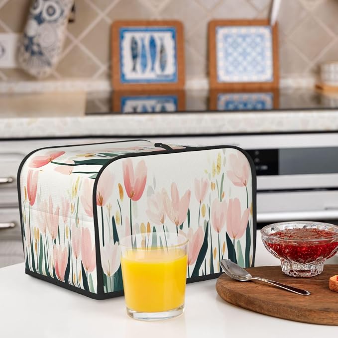 4 Slice Toaster Cover Tulip Flower Watercolor Dust Proof Washable Kitchen Appliance Cover with Pocket, Oxford Fabric Countertop Toaster Protector for Standard Toasters Small Appliances