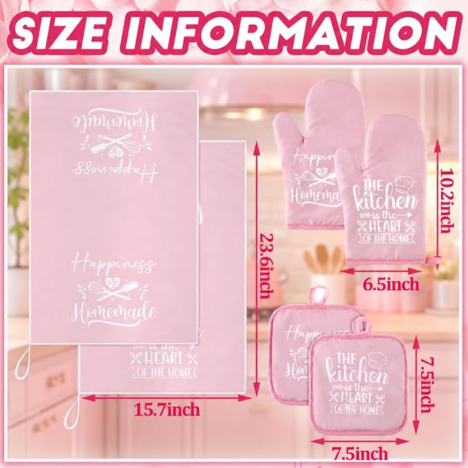 Sratte 6 Pcs Kitchen Decor Accessories Set, Kitchen, Pink | Farmhouse Kitchen Towels Pot Holders Oven Mitts Set 2 Dish Towels 2 Potholders 2 Cooking Mittens for Baking Cooking Supply