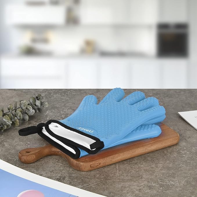 Silicone Oven Mitts Gloves - Heat Resistant, Non-Slip for BBQ, Grilling | 450°F Double-Layer｜Waterproof Kitchen Cooking Barbecue Mittens ｜5 Finger Hot Mitt for Baking, Smoker& Cast Iron(XL-XXXL)