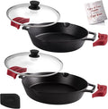 Cast Iron Skillet Set - 10" + 12"-Inch Dual Handle Frying Pans + Glass Lids + Silicone Handle Holder Covers - Pre-seasoned Oven Safe Cookware - Indoor/Outdoor Use - Grill, Stovetop, Induction Safe