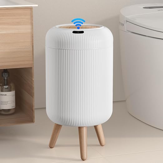 Motion Sensor Bathroom Trash Can,3 Gallon Auto Touchless Trash Bin | Automatic Garbage can with Lid and Legs,Electric,Tall,Plastic,Small White wastebasket for Bedroom,office,kitchen,RV,Toilet