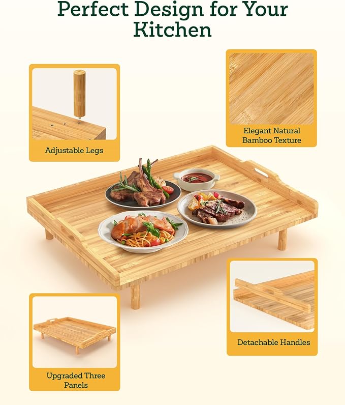 Bamboo Stove Top Cover for Electric Stove & Gas Burners - 29" x 22" Extra Large Noodle Board Stove Cover with Adjustable Legs & Handles - Multi-Use Stove Cover Cutting Board, Sink Cover, RV Accessory