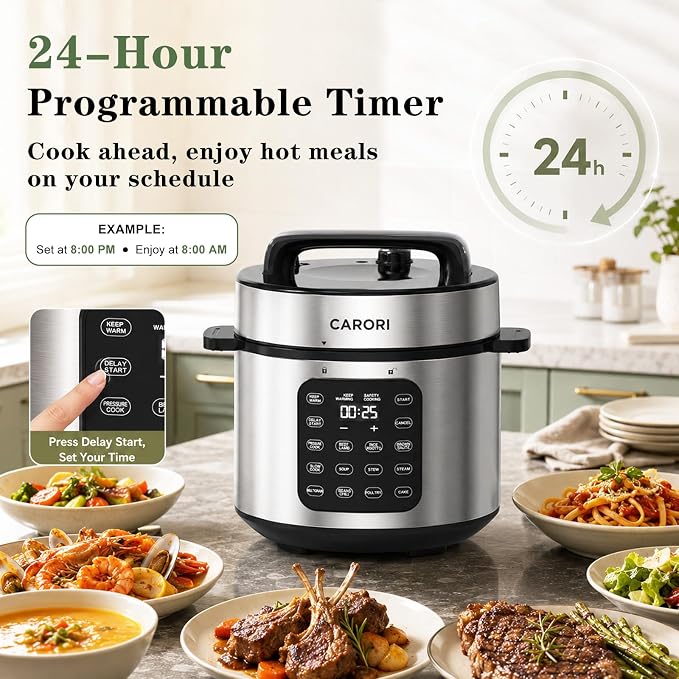 CARORI 6 Qt Electric Pressure Cooker, 9-in-1 Multi-Cooker with IMD Touchscreen, 24H Delay Start, Nonstick Ceramic Pot, Rice Cooker, Slow Cooker, Steamer, Sauté, Silver