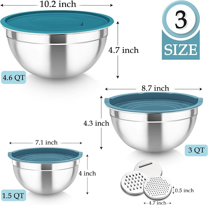 TeamFar Mixing Bowls, Stainless Steel Nesting Salad Bowls Set | Mixing Bowls with Lids & 3 Grater Attachments, For Mixing/Serving/Storing, Non-toxic & Long-lasting, 4.6/3/1.5 QT, Navy Blue