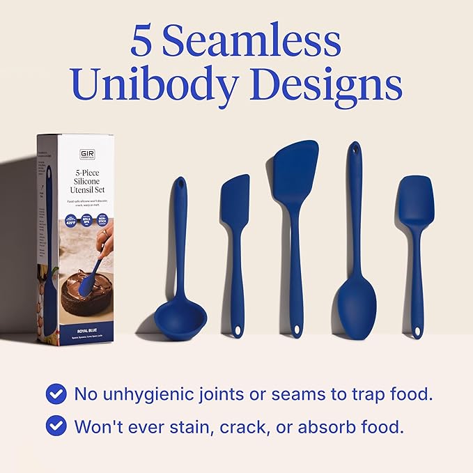 GIR 5-Piece Silicone Kitchen Utensils Set, Non-Toxic Cooking Utensils for Cooking and Baking, Heat Resistant, Food Grade, Dishwasher Safe Rubber Spatula, Ladle, Spoon - Royal Blue