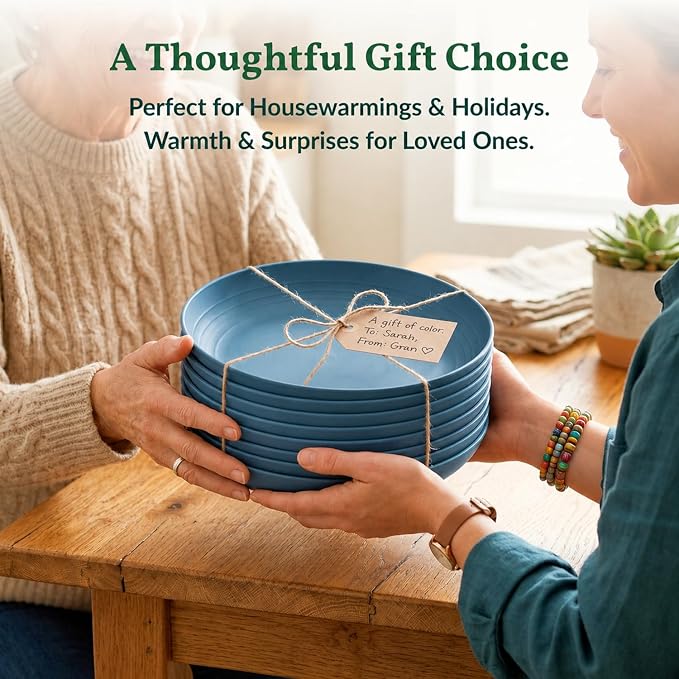Unbreakable 8 Pcs Deep Dinner Plates Reusable Plastic Wheat Straw Plates Set Lightweight Kitchen Plates for Salad, Lunch, Dessert, Microwave & Dishwasher Safe Plates for Camping (Blue, 9 In)