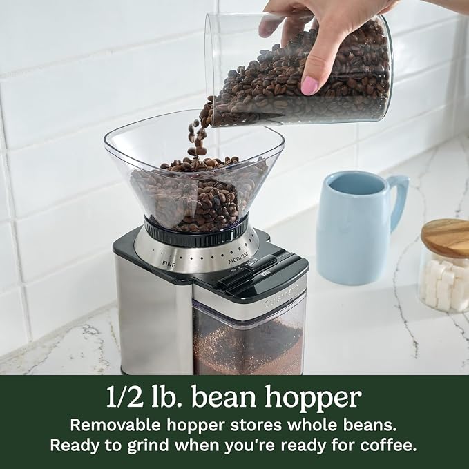 Cuisinart Coffee Grinder, Electric One-Touch Automatic Burr Coffee Grinder with 18-Position Grind Selector, Cup Size Selector for 4 – 18 Cups, Cream Stainless Steel
