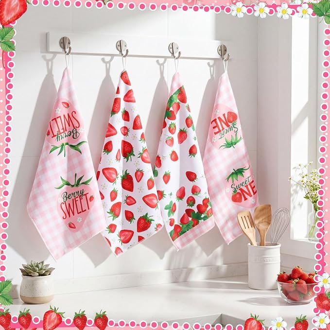 4 Pcs Strawberry Kitchen Towels Summer Berry Hand Dish Towels Absorbent White Pink Grid Tea Towel Fast Drying Housewarming Gift for Kitchen Bathroom Holiday Summer Strawberry Party Decor
