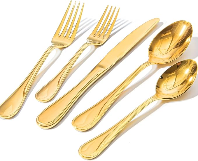 18/10 Stainless Steel Silverware Set for 4, 20 Piece Gold Flatware Set | KINGSTONE Teardrop Heavy Cutlery Set, Mirror Polished Knives Fork Spoons Utensils, Dishwasher Safe for Home Kitchen Wedding