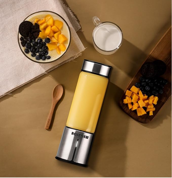 Portable Smoothie Blender ROSEVIEW Glass Cordless Mini Shakes Cup blend for smoothies USB rechargeable juicer 2 battery Handheld Personal travel Jet mixer (Black Steel) (Innox Steel)