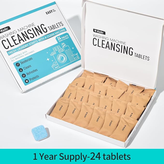 Y-Kelin Washing Machine Cleaner Tablets, 24 Pack - Up to 1 Year Supply, for HE Front & Top Load Washers, Septic Safe, Removes Odors & Residue, Fresh Scent