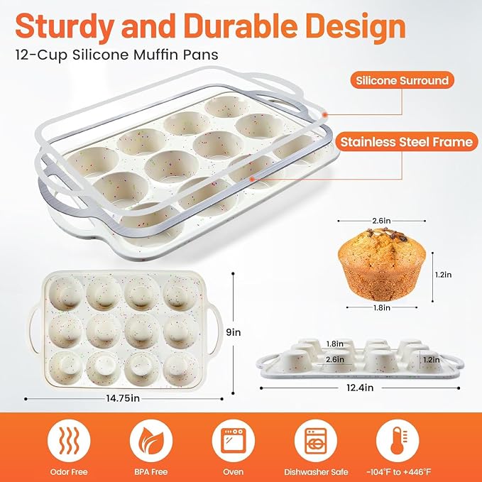 Vinino 2Pack Silicone Muffin Pan for Baking with Metal Reinforced Frame, 12 Cup Regular Size Cupcake Pan, BPA Free Silicone Muffin Tray, Cupcake Baking Pan Bite Molds for Oven Dishwasher Safe
