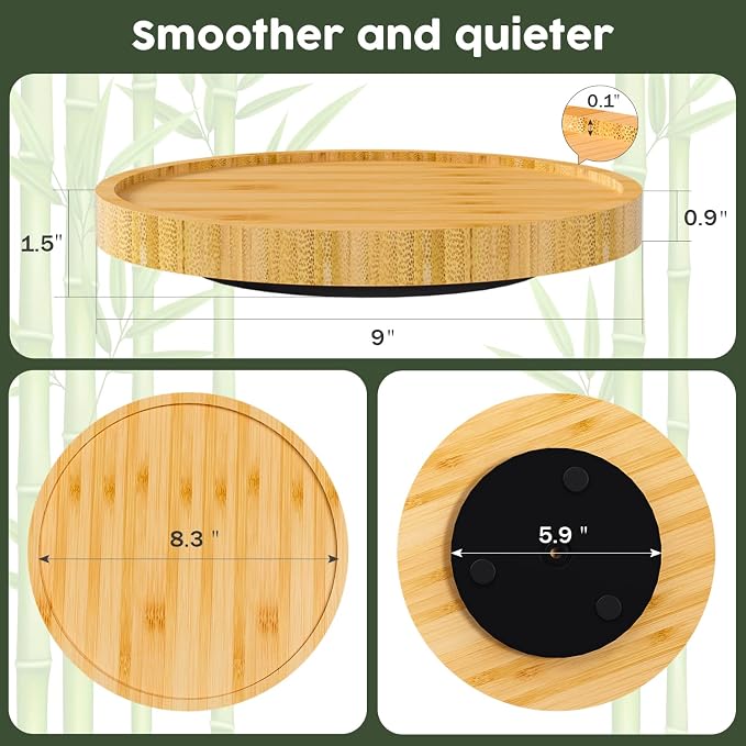 Lazy Susan Organizer, 9 Inch Non-Skid Bamboo Lazy Susan | Table Storage Napkin Holder Vase, Wood Turntable for Kitchen Countertop Organizer
