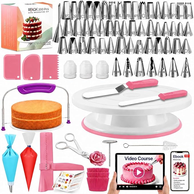 RFAQK 200PCs Cake Decorating Kit with Cake Turntable & Leveler, Baking Supplies Gift Includes 110+1 Piping Bags,55 Icing Tips,2 Frosting Spatulas, Adjustable Scraper, Video Tutorial, Booklet & more
