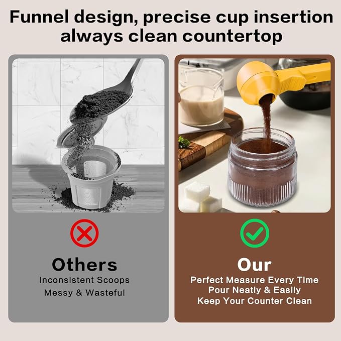 2-in-1 Coffee Scoop with Funnel, 2 Tbsp Measuring Spoon for Reusable K Cups, Ground Coffee, Protein Powder & Tea, Mess-Free Plastic Design（Yellow-1pack）