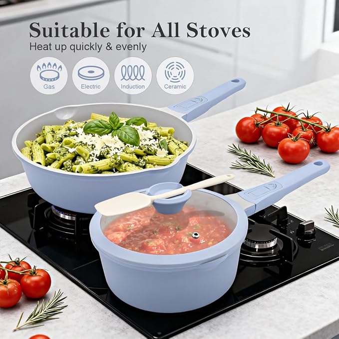 AIKENBBKK Nonstick Sauce Pan with Lid, 2.5 Qt Ceramic Saucepan with Lid, Non Stick Sauce Pan, Milk Pot&Sauce Pot&Saucepan with Pour Spout, Detachable Handle Milk Pan, Induction Compatible, Oven Safe
