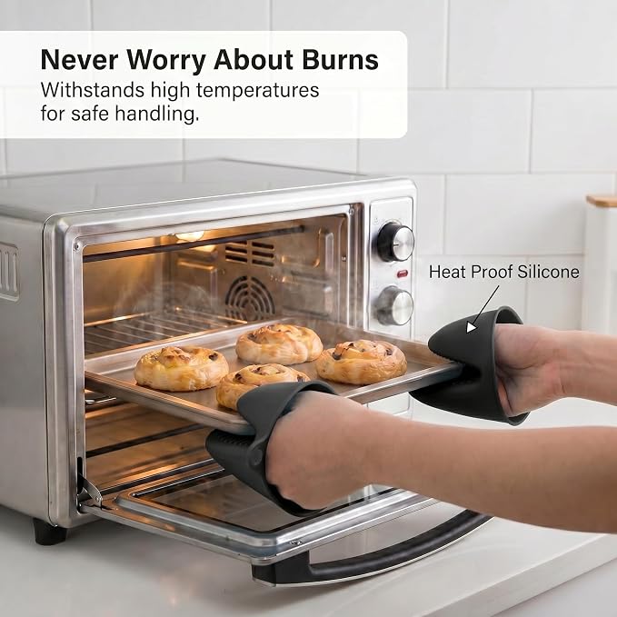 Silicone Kitchen Oven Mitts Set, Mini Finger Protector Cooking Pinch Grips Pot Holder Toaster Oven Accessories,BBQ Baking Mittens Heat Resistant Gloves, 2 Pairs（Black and Cool Gray）