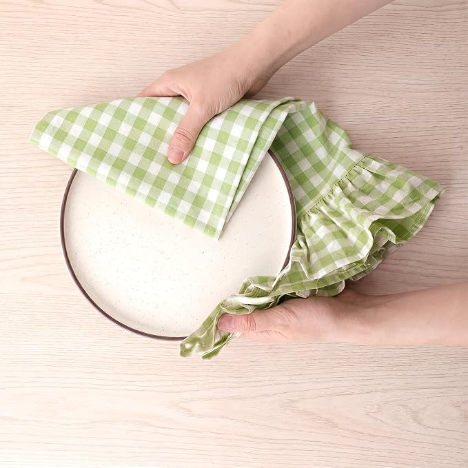 HunnmingRe 2 Pcs Mint Green Gingham Kitchen Towels Cotton Ruffled | Checked Dish Towels 18"x28" Tea Cloths Plaid Cottage Core Kitchen Decor for Farmhouse Charm Drying Dishes Entertaining Guests