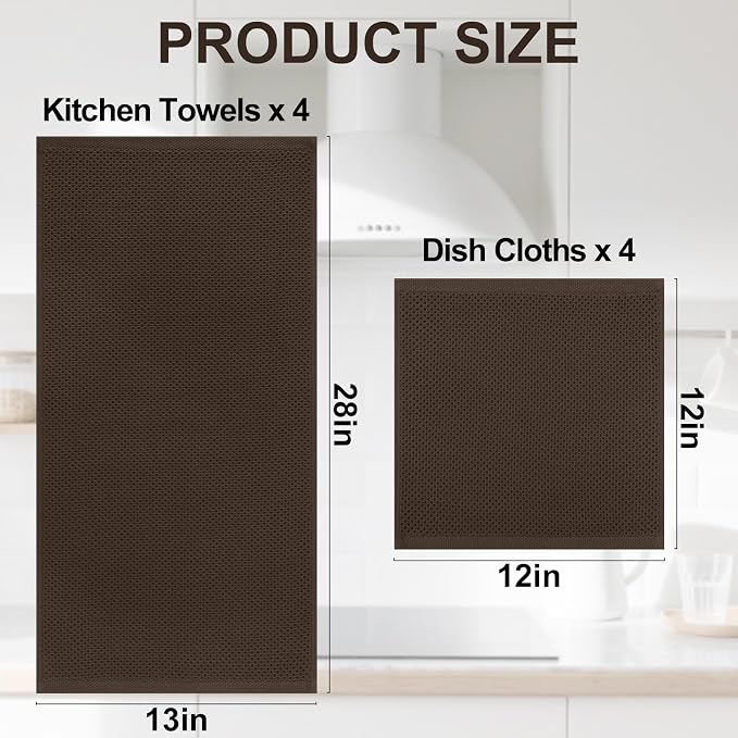Homaxy 8 Pack 100% Cotton Kitchen Towels and Dishcloths Set, Dark Brown | 12 x 12 Inches and 13 x 28 Inches Kitchen Towels Set, Ultra Soft Absorbent Dish Cloths for Washing Dishes