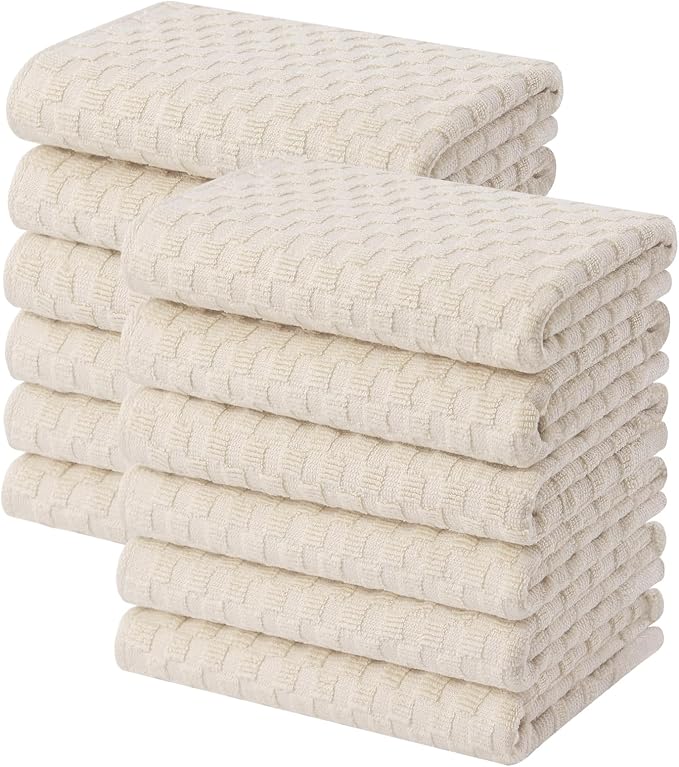 Homaxy 100% Cotton Terry Kitchen Towels(15" x 25", 12 Pack), Beige | Soft and Super Absorbent Dish Towels, 380 GSM Reusable Tea Towel with Hanging Loop, Pineapple Grid Designed