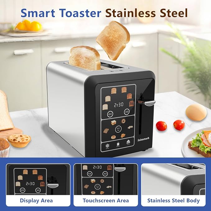 SAKAMOSH 2-Slice Touchscreen Toaster with bagel function | Even Toasting, 6 Browning Levels, Defrost and Cancel, Wide Slots Fit Thick Bread, Easy-clean Tray, Ideals for Busy Mornings