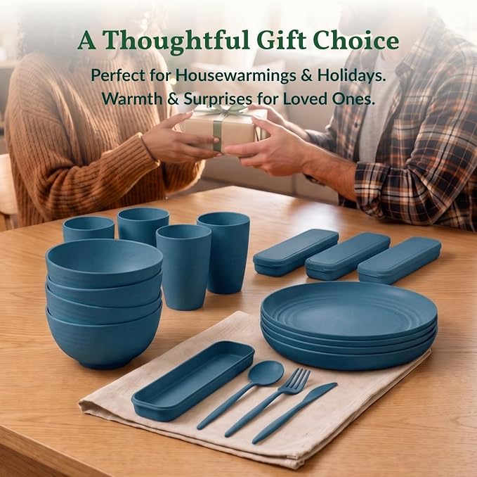 Unbreakable Wheat Straw Dinnerware Sets 28 PCS Kids Plates and Bowls Sets for Kitchen, RV, Party, Travel, Dorm, Camping Dish Set for 4 Lightweight Microwave & Dishwasher Safe(Deep Blue)