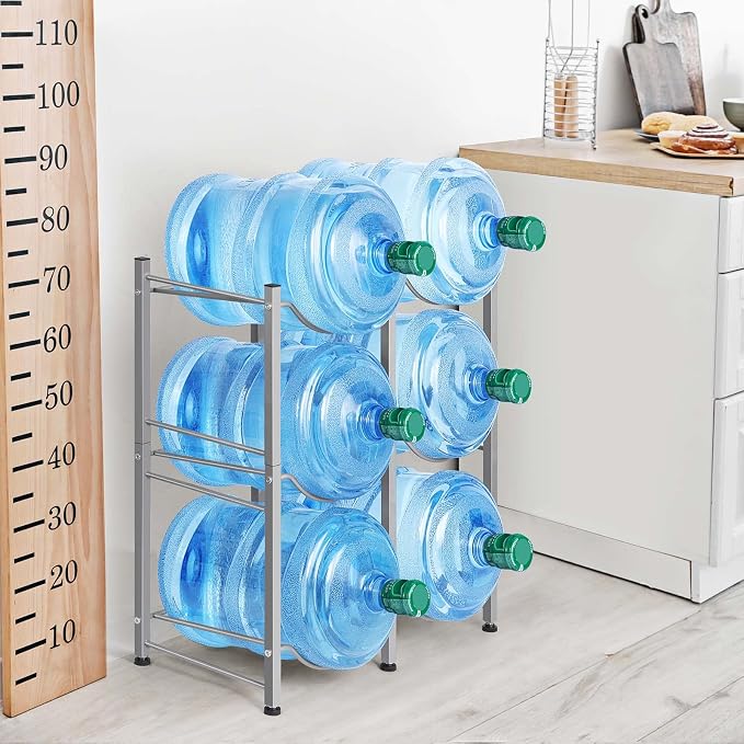 LIANTRAL 5 Gallon Water Bottle Holder, 3 Tiers Silver Double Row Water Rack | Heavy Duty Water Cooler Jug Rack with 6 Slots for Home Kitchen