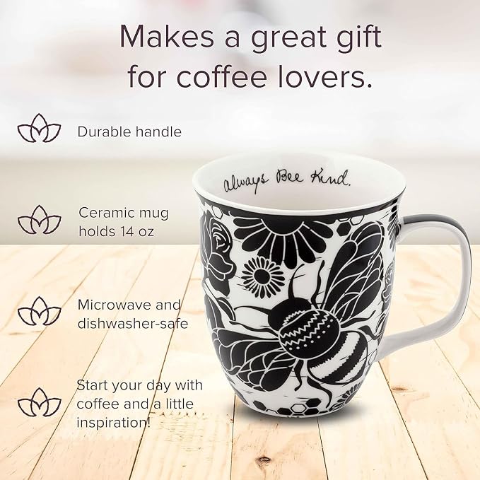 Karma Gifts 14 oz Black and White Boho Mug Bee - Cute Coffee and Tea Mug - Ceramic Coffee Mugs for Women and Men