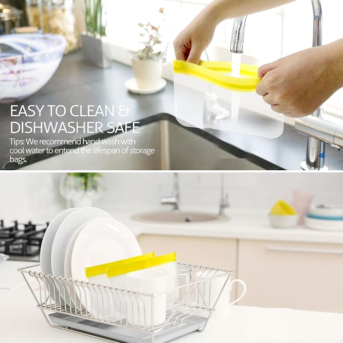 10 Pack Reusable Gallon Freezer Bags, Yellow | Dishwasher Safe Silicone Food Snack Storage Bags with 3 Sizes for Snack, Sandwich, Lunch