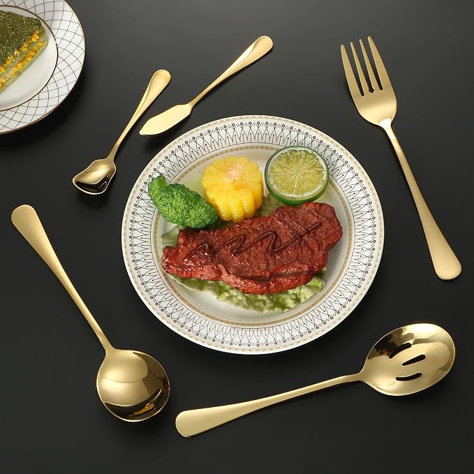 Lazycorner 53 Piece Gold Silverware Set for 8, Flatware Set with Steak Knives for 8 and 5 Public Serving Use Set 18/10 Stainless Steel Utensils Set Cutlery Set For Restaurant Hotel Dishwasher Safe